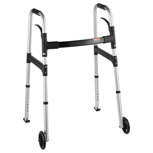 VEVOR Folding Walker, 2-Button Folding Walkers with 5" Solid Wheels and Adjustable Height, Lightweight Aluminum Mobility Walker, Front Wheeled Rolling Walkers for Seniors and Adults, Up to 350 Pounds