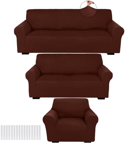 Peryiter 3 Pcs Slipcover Set for Couch Furniture Covers for Sofa Loveseat Couch Arm Chair, Form Fit Stretch, Wrinkle Free, Furniture Protector(Coffee Brown,Milk Silk Spandex)