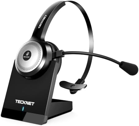 TECKNET Bluetooth 5.0 Headset with Microphone for PC, USB Wireless Headset with Mic for Work, 40Hrs Worktime AI Noise Cancelling On Ear Bluetooth Headphones with Charging Base for Laptop/Call Center
