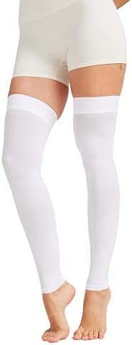 MGANG 15-20 mmHg Compression Stockings for Women & Men, Thigh High Medical Footless Graduated Compression Sleeves with Silicone Dot Band, for Varicose Veins, Edema, Travel, Flight, Pregnant, White XXL