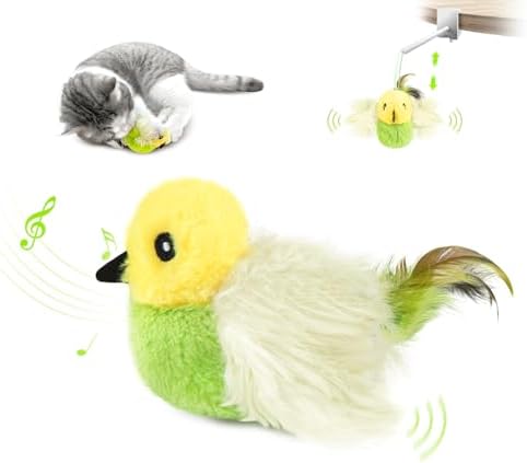 Migipaws Cat Toys,Interactive Lifelike Amakihi Flying Flapping Bird with Catnip, Feathers Hanging by Elastic String, Automatic Chirping Kitten Toys for Indoor Cats Self Play, Rechargeable(Green)