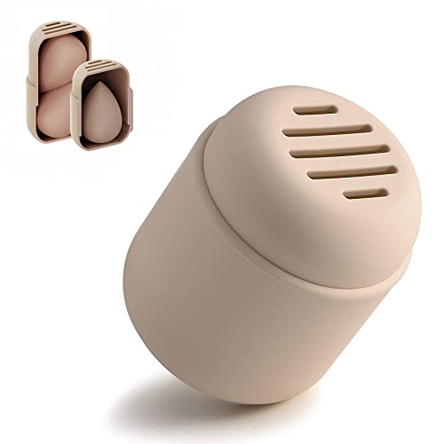 BEZOX Makeup Sponge Holder, Silicone Beauty Sponge Case with Double-Sided Vent Design for Quick Drying, Compact Travel Essentials Make Up Puff Blender Container - Khaki