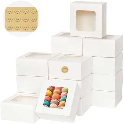 Zzrywuty 50 Packs 4x4x2.5in White Cookie Boxes, Bakery Boxes with Window, Mini Cake Boxes, Cupcake Container Boxes for Cookies, Pastry, Pie, Strawberries, Donuts, Candy, Desserts, Small Cake