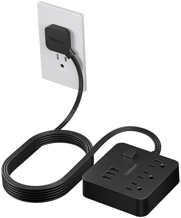 Flat Plug Power Strip, TESSAN Ultra Thin Extension Cord with 3 USB Wall Charger, 5 ft Slim Desk Charging Station Compact for Cruise Ship, Travel, Home, Office, Dorm Room Essentials, Black