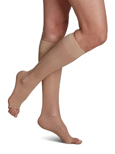 SIGVARIS Women's Sheer Fashion Open Toe Calf Height - 15-20mmHg Weight Compression Hose - Lightweight & Breathable in Soft Stretch Fabric for Comfortable Everyday Wear - Honey - B (Medium)