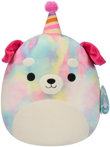 Squishmallows Original 12-Inch Delenne Rainbow Tie-Dye Dog with Party Hat - Official Jazwares Plush (Pack of 1)