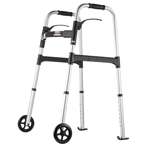 VEVOR Folding Walker, 2-Button Folding Walkers with 5" Solid Wheels and Adjustable Height, Lightweight Aluminum Mobility Walker, Front Wheeled Rolling Walkers for Seniors and Adults, Up to 350 Pounds