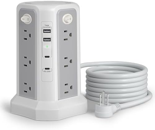 Long Extension Cord 10FT 1625W|13A with Multiple Outlets, Surge Protector Power Strip Tower with 4 USB(2 USB C) Ports, Flat Plug 1800J Overload Protection for Home Office DormRoom Essentials