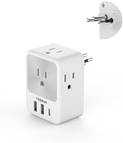 Brazil Power Adapter Travel Plug, TESSAN Type N Adapter with 4 Outlets 3 USB Charging Ports (1 USB C), Outlet Converter for USA to Brazil