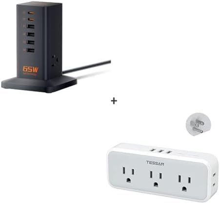Desk Charging Station for Multiple Devices Bundle, TESSAN Surge Protector Outlet Extender with USB Fast Charger, 3-Sided Multiple Plug Expander for Home Office Dorm Room Essentials