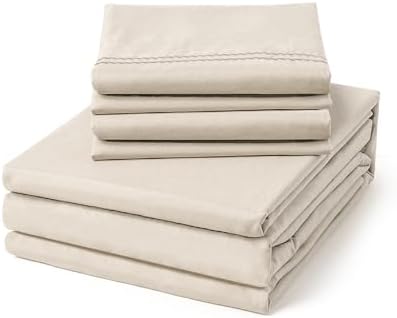 ClevaHome Queen Size Sheet Set - 6 Piece Soft Breathable Luxury Bed Sheet Set - Shrinkage & Fade Resistant Embroidered Bedding Sheet with Deep Pocket, 2 Extra Pillowcases (Queen, Oat Milk)