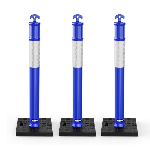 (3 Pack) BATTIFE Delineator Post with Base 45 ", Blue Traffic Delineator Cones with Reflective Collar for Construction Work, Driving Practice