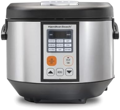 Hamilton Beach Digital Programmable Rice and Slow Cooker & Food Steamer, 20 Cups Cooked (10 Cups Uncooked), 12 Pre-Programmed Settings for Sauté, Hot Cereal, Soup, Nonstick Pot, Stainless Steel (37523)