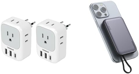 2 Pack European Travel Plug Adapter USB C, TESSAN US to Europe Plug Adapter with 4 Outlets 3 USB Charger (1 USB C Port), Magnetic Portable Charger 10000mAh, 20W Fast Charging Battery Pack with USB-C