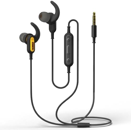 DEWALT Wired Earphones with Microphone — Jobsite Earbuds Wired 3.5mm — Water-Resistant Wired Earbuds with Mic — Wired Headphones for Outdoor Work