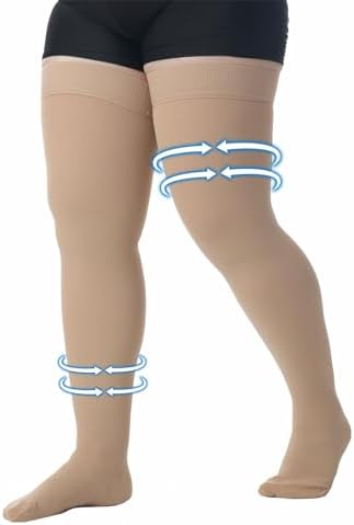 MGANG Medical 15-20 mmHg Compression Stockings for Women & Men, Pair, Thigh High Graduated Compression Socks, Closed Toe, Opaque, Support for Varicose Veins, Edema, DVT, Swelling, Flight, Beige 4XL
