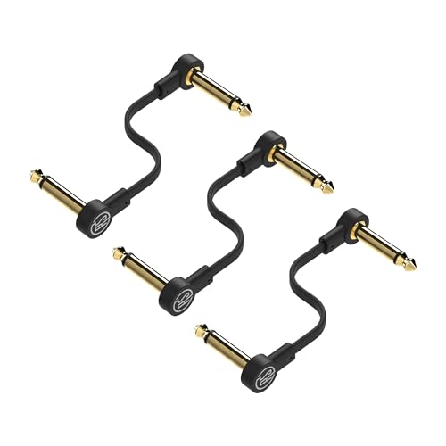 Rock Stock Guitar Flat Patch Cables (Pack of 3) - 12 Inch S-Shape Ultra-Thin Effect Guitar Pedal Patch Cables - Right-Angle, Black with Durable Gold Plated Connectors, Maximize Pedalboard Space