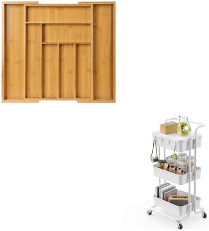 Pipishell Bamboo Expandable Drawer Organizer & 3 Tier Rolling Cart with Table Top