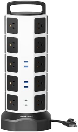 Power Strip Tower Surge Protector, JACKYLED 20 Outlets 6 USB (2 USB C) Charging Station, Extension Cord with Multiple Outlets, 1050J 1625W/13A Outlet Extender 6.5ft Extension Cord for Home Office