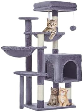 Taoqimiao Cat Tree, 39.4-Inch Cat Tower for Kittens, Cat Tree Tower with 5 Scratching Posts, Plush Cat Condo with Plush Perch, 2 Hammock, Pompoms, Smoky Gray MS019G