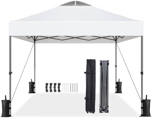 Instant Setup Canopy with Carry Bag, 10x10 Outdoor Pop-Up Tent UV-Resistant Waterproof Gazebo for Beach, Camping, and Events - Snow White