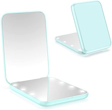 wobsion Small Mirror with Lights,LED Compact Makeup Mirror,1x/3x Mini Travel Mirror with Magnification,Portable Hand Held Mirror for Purse,Pocket,Gifts for Girls,Cyan