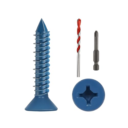 1/4" x 1-1/4" Concrete Screws, 100 PCS Blue Flat Head Concrete Screws Anchor Kit with Drill Bit and Screwdriver Bit, for Masonry, Cement, Block, Brick or Stucco