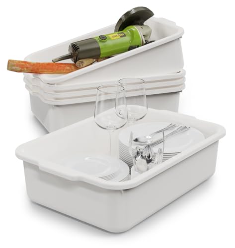 White 13 L Commercial Bus Tubs/Tote Box, 5-Pack Plastic Storage Wash Basin Tub