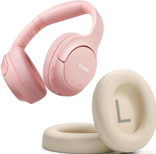 TOZO HT2 Hybrid Active Noise Cancelling Headphones, Wireless Over Ear Bluetooth Headphones Pink +HT2 Replacement Ear Pads Khaki