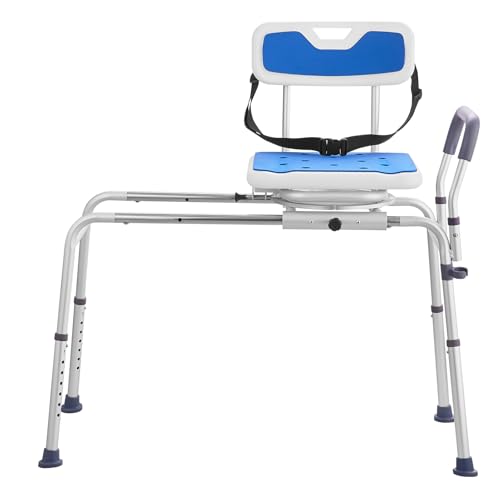 VEVOR Sliding Tub Transfer Bench with 360 Degree Swivel Seat, Height Adjustable Bathtub Transfer Bench with Armrest & Safety Belt, Non-Slip Rotating Shower Chair for Elderly Disabled, 400LBS Capacity