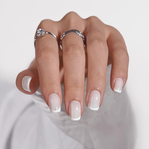 BTArtbox French Tip Press On Nails - Short Press on Nails Square, Glue On Nails for Women Gift, Supremely Fit Natural Stick On Nails in 15 Sizes - 30 Fake Nails Kit, Classic French