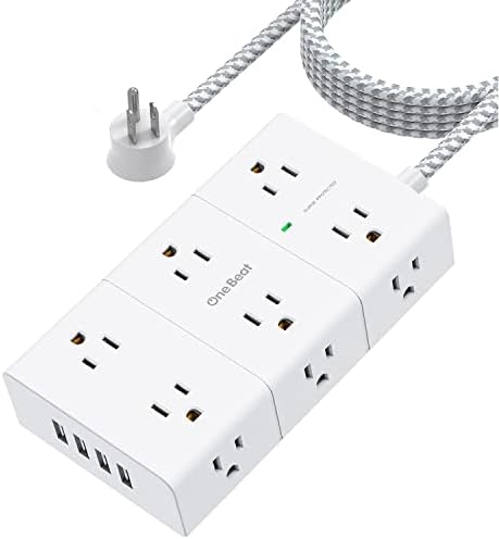Surge Protector Power Strip - 3 Side 12 Widely AC Outlets 4 USB Ports, 6 Ft Long Braided Flat Plug Extension Cord with Multiple Outlets, Plug Extender, Wall Mount for Home Office