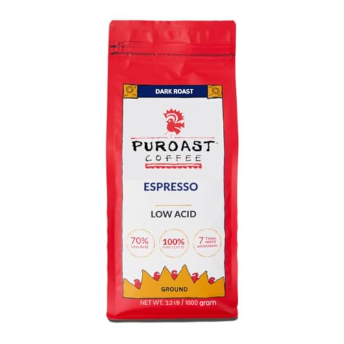Puroast Low Acid Coffee Espresso | Espresso Ground | Dark Roast Roast | High Antioxidants & High pH |No Bitter Aftertaste | Reduced Heartburn & GERD | Suitable for Cold Brew - 2.2 LB