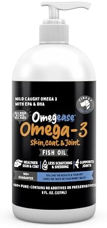 100% Pure Omega 3 Fish Oil for Dogs & Cats - Omegease Supplement for Skin & Coat, Itching, Shedding, Joints & Immune Health (8 oz)