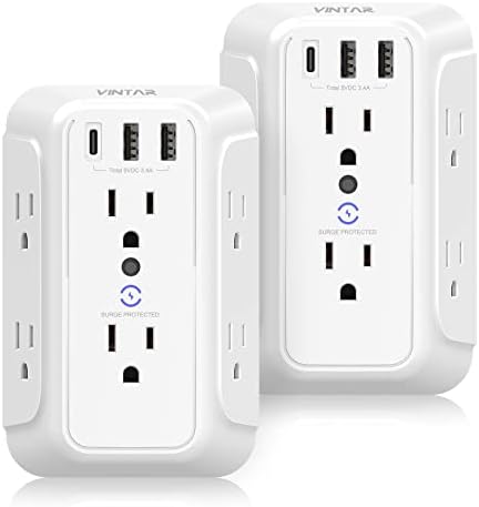 2 Pack USB Wall Charger,Surge Protector,6 Outlet Extender with 3 USB Charging Ports(1 USB C Outlet,3.4A) 900J Power Strip Multi Plug Outlets,Wall Mount Power Strip for Home Travel Office ETL Listed