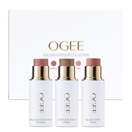 Ogee Face Stick Trio - Golden Contour Stick Makeup Collection - Certified Organic Bronzer, Blush Stick, and Highlighter Stick for a Flawless Look
