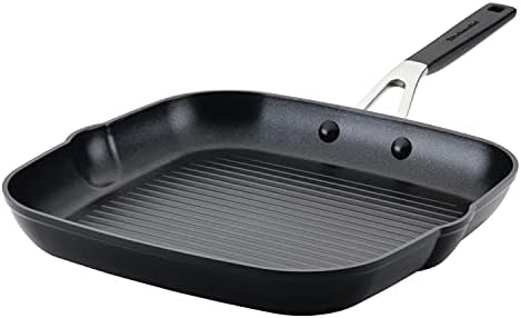 KitchenAid Hard Anodized Nonstick Square Grill Pan/Griddle with Pour Spouts, 11.25 Inch, Onyx Black