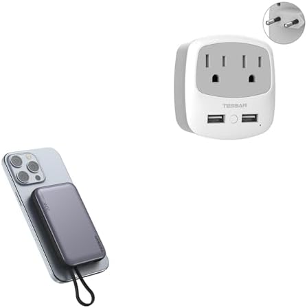 European Travel Plug Adapter Converter, TESSAN International Power Plug Converter with 2 USB, Magnetic Portable Charger 10000mAh, 20W Fast Charging Battery Pack for iPhone 15/14/13/12/Mini/Pro/Pro Max