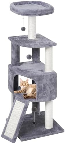 45in Cat Tree Tower with Big Condo for Indoor Cats,Cat Tower with Scratching Post,Scratching Board and Cat Toys,Multi-Level,Small Space,Grey(New)