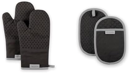 KitchenAid Asteroid Oven Mitt Set, 7"x12.5", Black, 2 Piece & Asteroid Pot Holder 2-Pack Set, Black, 6.5"x10"
