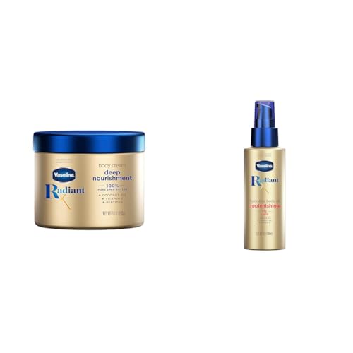 Vaseline Radiant X Deep Nourishment Body Cream 100% Pure Shea Butter, Coconut Oil, Vitamin C, & Peptides 10 oz & Radiant X Replenishing and Hydrating Body Oil with 1% Lipids, Jojoba Oil, Coconut Oil