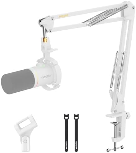 MAONO Boom Arm Microphone Stand: Adjustable Metal Suspension Mic Boom Arm for Podcasting Gaming Streaming Recording,with Desk Clamp and 3/8" to 5/8" Screw Adapter-Max Load 1KG BA20 White