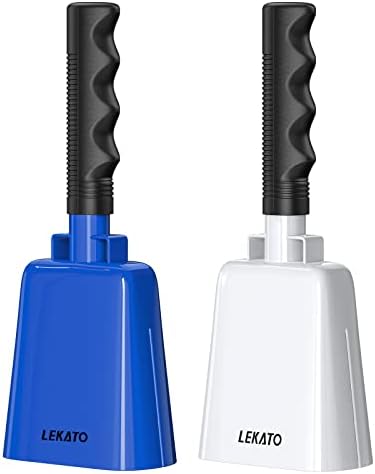 8 Inch Steel Cow Bell with Handle, 2-Pack Noise Makers Cowbell for Sport Events Cheering Hand Bell for Football Games,Party, Concert, Graduations, School, Farm Ranch(Blue+White)