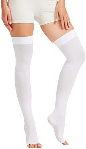 MGANG Medical Thigh High Compression Stockings for Men & Women, Pair, Open Toe, 15-20 mmHg Graduated Compression Support Hose, Opaque, Best for Varicose Veins, Edema, Flight, DVT, Swelling, White XL