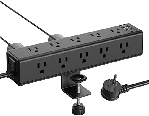 CCCEI Standing Desk Clamp Power Strip with 15 Outlets, Widely Spaced Desktop Edge Mount Surge Protector Outlet, Fast Charging USB-A and USB-C Ports, 10 FT Flat Plug, Fit 1.6 inch Table top. Black