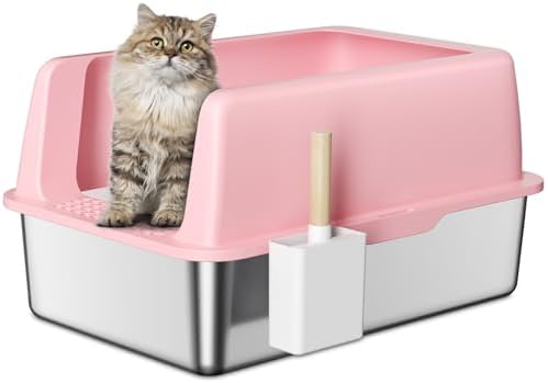 Zarler Stainless Steel Litter Box with Lid, Extra Large Cat Litter Box, XL Large Metal Litter Box for Big Cats with High Sided, Pink (Non-Sticky, Easy to Clean, Anti-Urine Leakage)