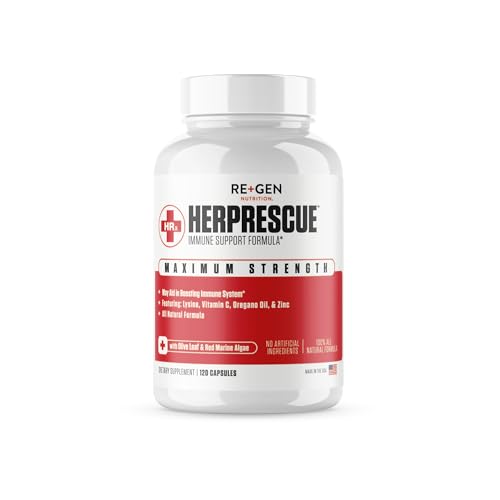 Re+Gen Nutrition HERPRESCUE Outbreak Support Supplement, Cold Sore Care for Adults, Natural Capsules w/Zinc, Vitamin C, & L lysine Amino Acid for Immune Health, 120 Capsules