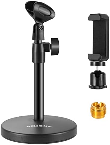 BILIONE 3 in 1 Multi Function Desktop Microphone Stand, Adjustable Table Mic Stand with Microphone Clip, Cell Phone Clip, 5/8" Male to 3/8" Female Metal Adapter