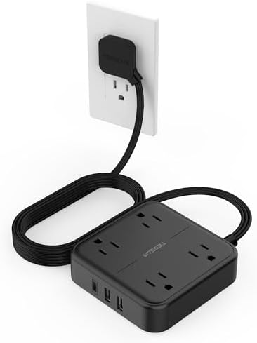 Black Flat Extension Cord 10 FT, TESSAN Power Strip 10 Feet with 4 Widely Outlets 3 USB Wall Charger (1 USB C), Ultra Thin Long Extension Cord Mountable for Indoor, Office, Dorm Essentials