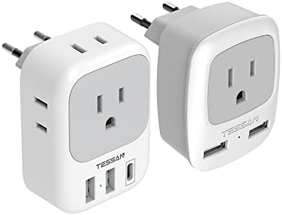 European Travel Plug Adapter Bundle, TESSAN International Power Plug with USB, Type C Outlet Adaptor Charger for US to Most of Europe EU Iceland Spain Italy France Germany